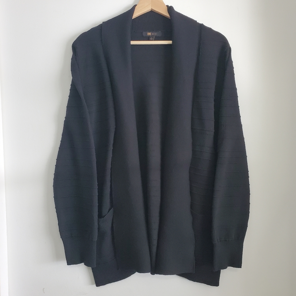 Frye Large Cardigan Black Textured Lines Soft Flowy Designer Open Front Sweater